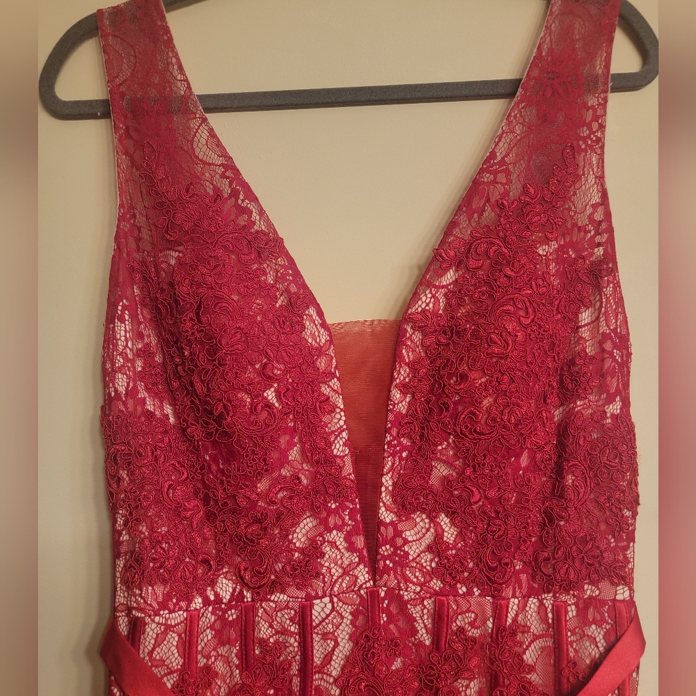 Lace red and tan evening gown